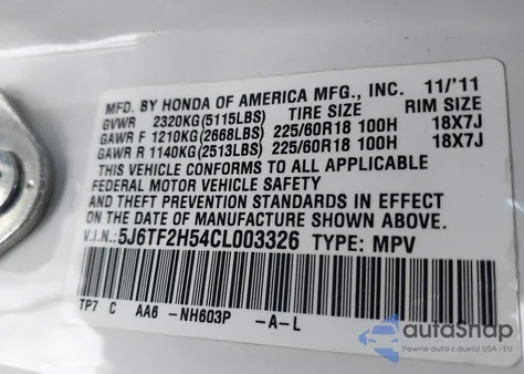 2012 Honda Crosstour Ex-L from USA, damaged, VIN 5J6TF2H54CL003326